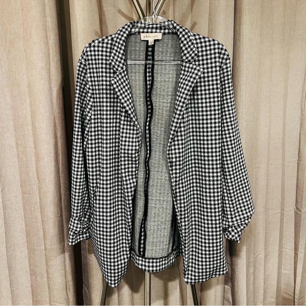 -‎ -Philosophy Black White Gingham Blazer 3/4 Gathered Sleeve Women's Siz…